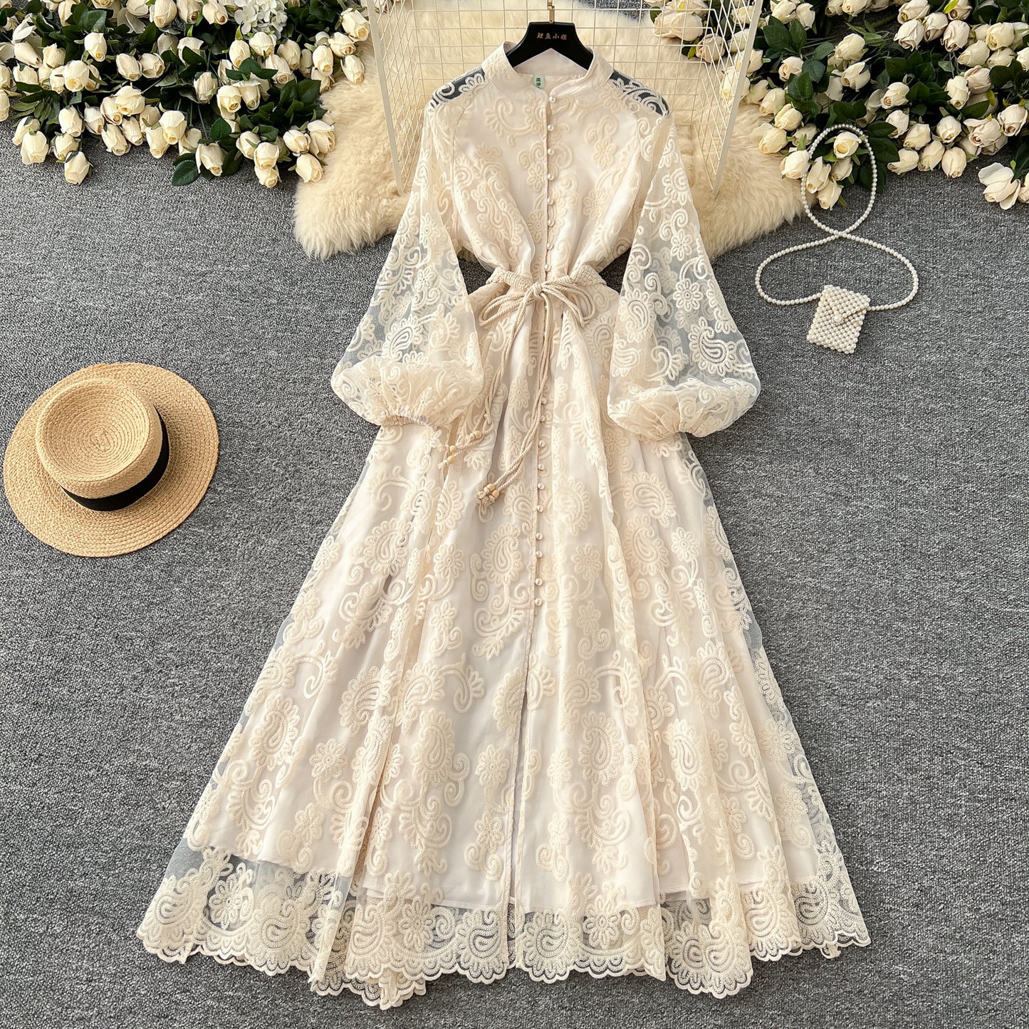 European and American style elegant stand-up collar single-breasted heavy industry crochet embroidery lantern sleeve lace-up waist pendulum long dress