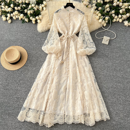 European and American style elegant stand-up collar single-breasted heavy industry crochet embroidery lantern sleeve lace-up waist pendulum long dress