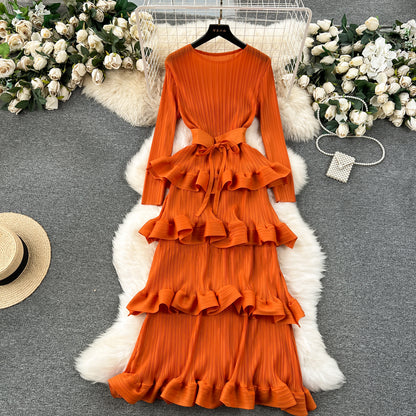 High-end banquet dress, high-end light luxury, niche ruffle edge cake skirt, heavy industry pleated slim-fitting long dress