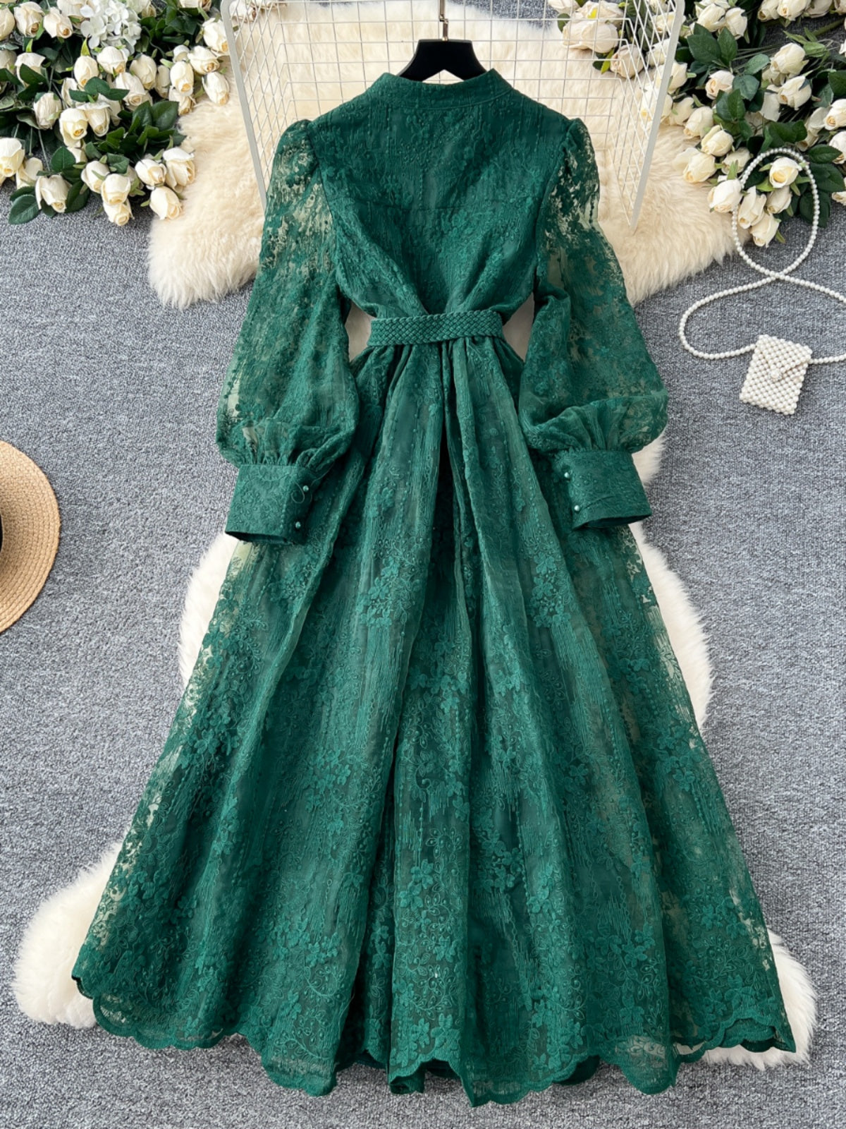 French high-end women's dress 2025 spring waist-collecting heavy embroidery V-neck lantern sleeve single-breasted long gown, elegant long dress