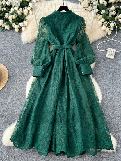 French high-end women's dress 2025 spring waist-collecting heavy embroidery V-neck lantern sleeve single-breasted long gown, elegant long dress