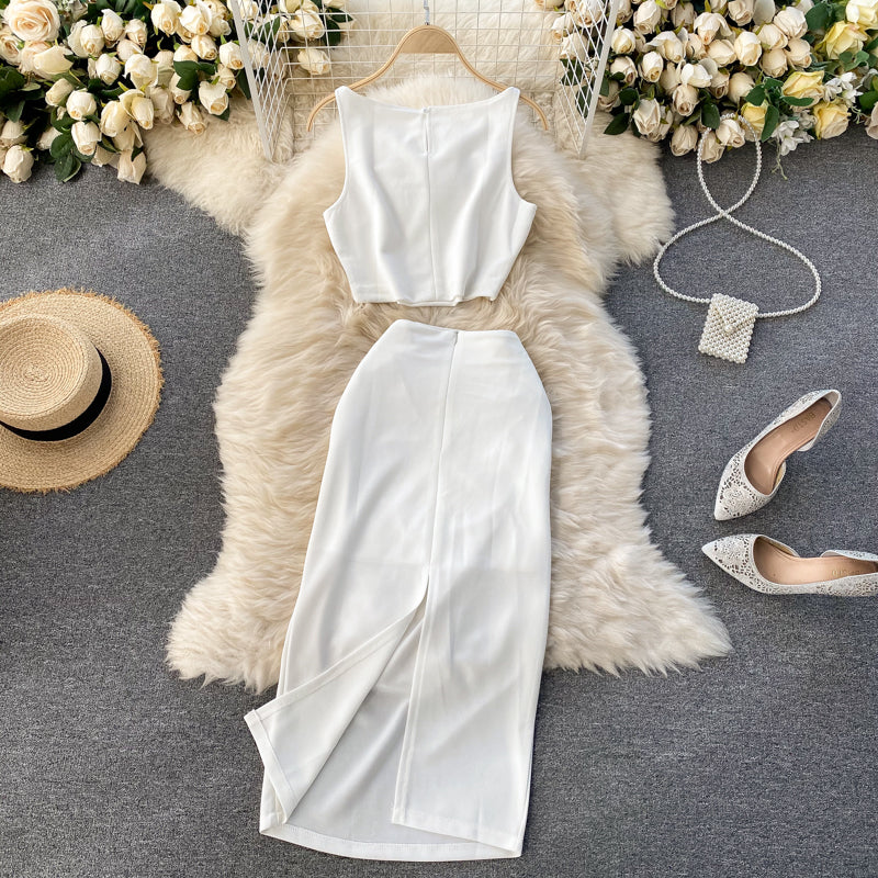 Gao Leng Royal Sister Internet celebrity suit solid color round neck vest short top high waist hip wrap medium long skirt two-piece set women