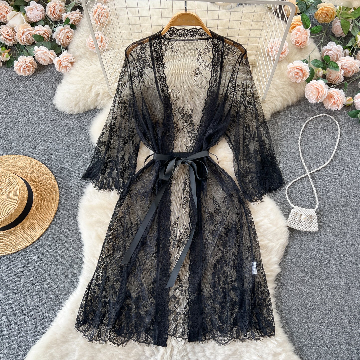 Spring and summer pure desire style Spice girls sexy pajamas women's thin long mesh lace pajamas deep V-neck shawl cardigan tide