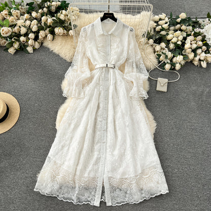 French retro court dress heavy industry embroidery fungus edge slim long lace dress high-end exquisite dress