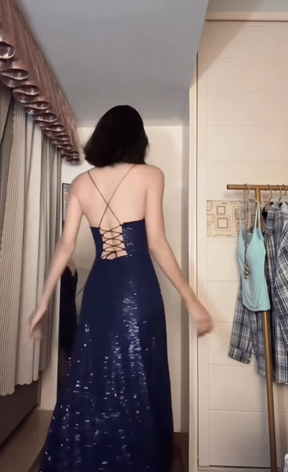 Navy Blue A Line Spaghetti Straps Sequin Formal Dresses Party Dress with Slit