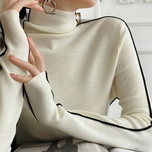Pullovers Women Striped Turtleneck Warm Knitted Sweater Spring Fall Y2K Elegant Korean Office Lady Simple Design Bottom Jumpers