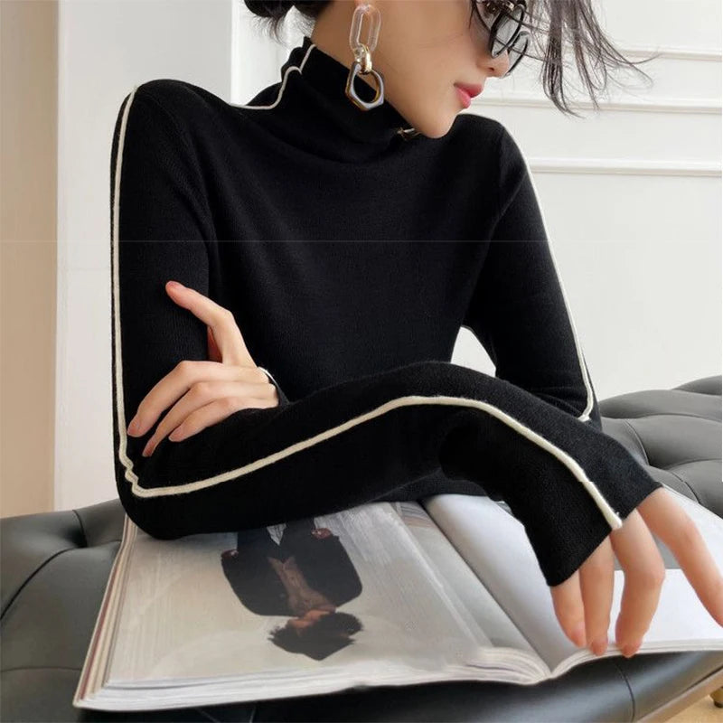 Pullovers Women Striped Turtleneck Warm Knitted Sweater Spring Fall Y2K Elegant Korean Office Lady Simple Design Bottom Jumpers