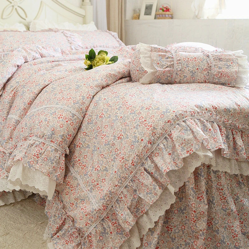 Romantic Ruffle luxury duvet cover rose print bedding king duvet cover lace bed set princess cotton quilt cover duvet set queen