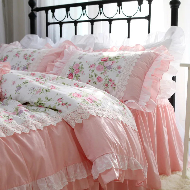 Romantic Ruffle luxury duvet cover rose print bedding king duvet cover lace bed set princess cotton quilt cover duvet set queen