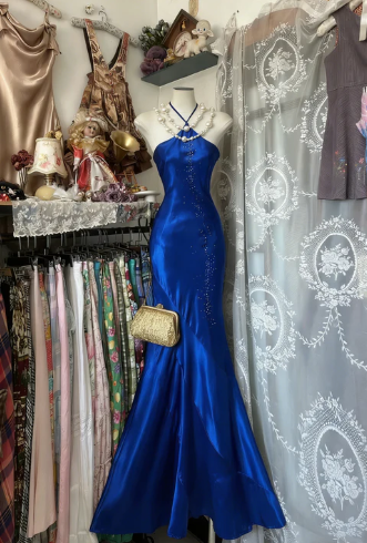 Vintage Royal Blue Mermaid Long Prom Dresses Beaded Satin Formal Occasions