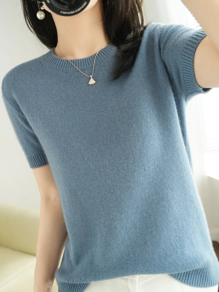 Spring and Summer New Short-sleeved Women O-neck Slim Wool Cotton Blend Pullover Vest T-shirt Knitted Base Sweater