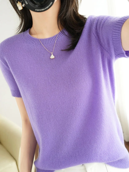 Spring and Summer New Short-sleeved Women O-neck Slim Wool Cotton Blend Pullover Vest T-shirt Knitted Base Sweater