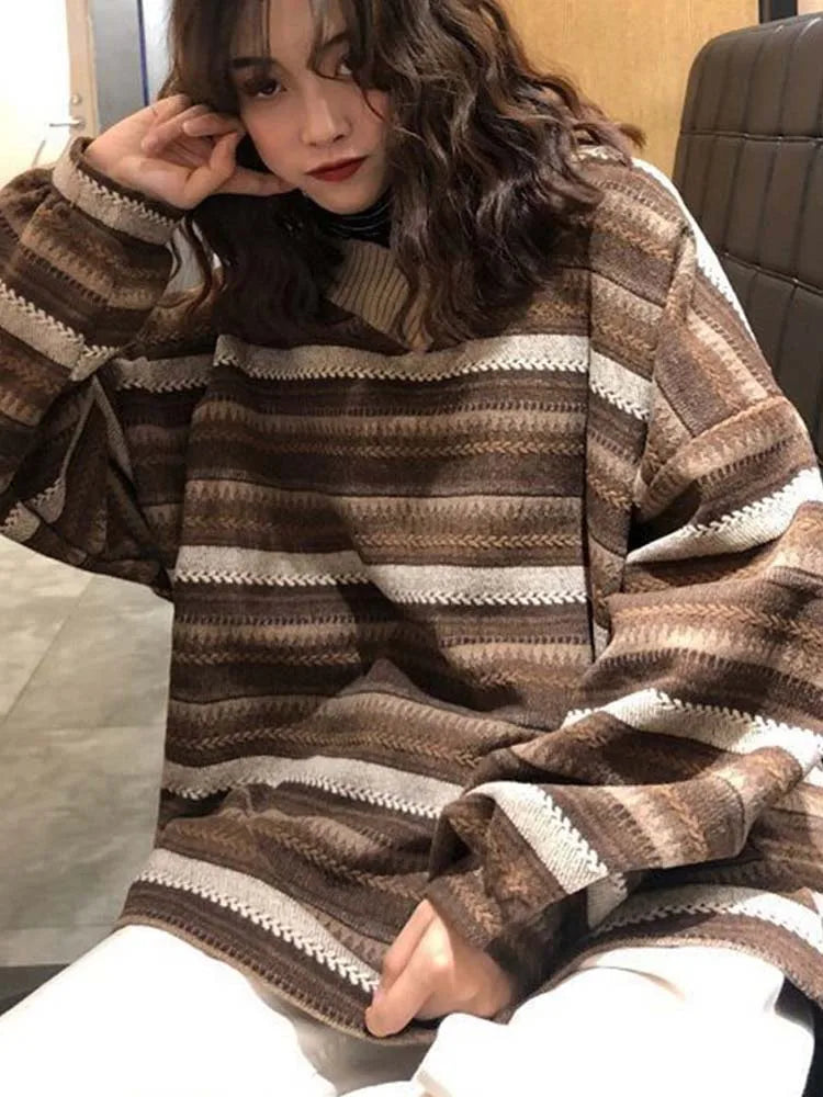 Striped Sweaters Women Oversize Pullovers Autumn Winter Knit Sweater Hip Hop Unisex Jumper Ladies Retro Couples Tops