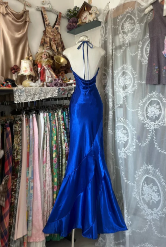 Vintage Royal Blue Mermaid Long Prom Dresses Beaded Satin Formal Occasions