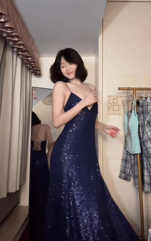 Navy Blue A Line Spaghetti Straps Sequin Formal Dresses Party Dress with Slit