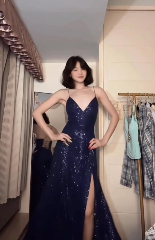 Navy Blue A Line Spaghetti Straps Sequin Formal Dresses Party Dress with Slit