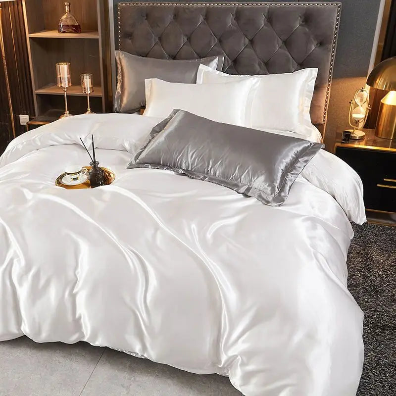 Satin rayon white duvet cover 220x240 summer luxury double bed couple quilt cover bedding queen king size comforter set