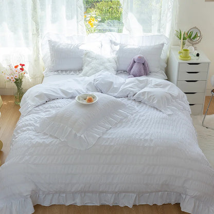 White Ruffled Duvet Cover Set Queen Size Cute Lace Ruffled Princess Bedding Set 3/4pcs  Vintage Bed Set Extra Soft Breathable