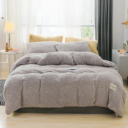 Winter Soft Worm Cashmere Coral Fleece Comforter Duvet Cover Flannel Quilt Cover Pillowcase Thicken Warm Bedding Set Solid Color