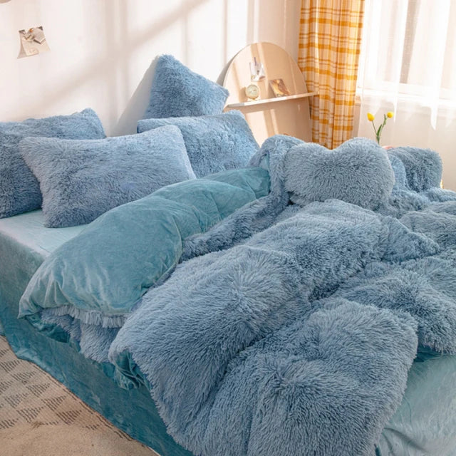 Winter Warm Blue Bedding Set Soft Plush Kawaii Mink Velvet Queen Duvet Cover Set Sheets Pillowcase Single Double Bedding Sets 이불