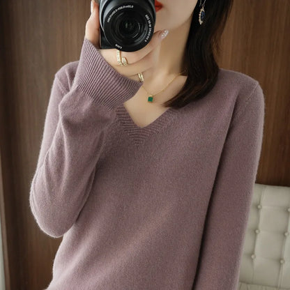 Women's Sweater 2023 Autumn Winter Knitted Pullovers V-neck Slim Fit Bottoming Shirt Solid Soft Knitwear Jumpers Basic Sweaters