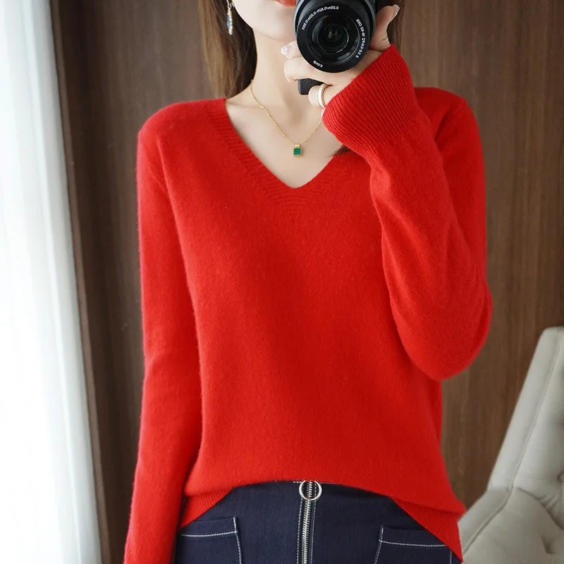 Women's Sweater 2023 Autumn Winter Knitted Pullovers V-neck Slim Fit Bottoming Shirt Solid Soft Knitwear Jumpers Basic Sweaters