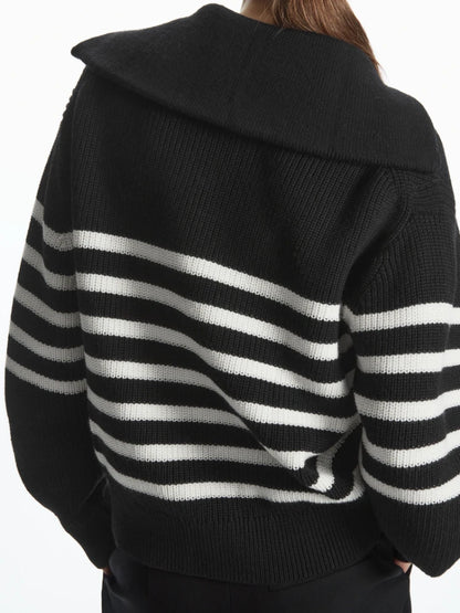 Women's Turtleneck Loose Lapel Striped Knitwear Women Pulovers New Simplicity Half Zipper Casual Fashion Women Sweaters 2023