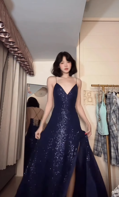 Navy Blue A Line Spaghetti Straps Sequin Formal Dresses Party Dress with Slit