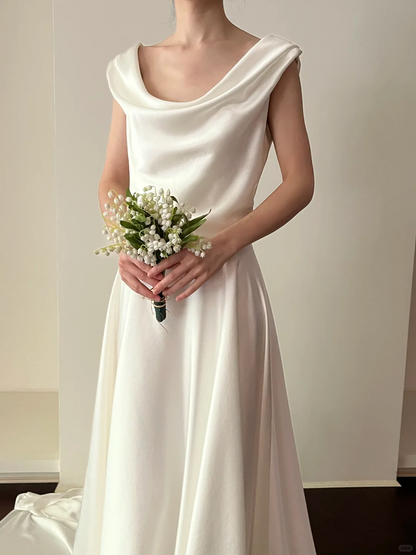 Beautiful A Line Round Neck White Satin Wedding Dress